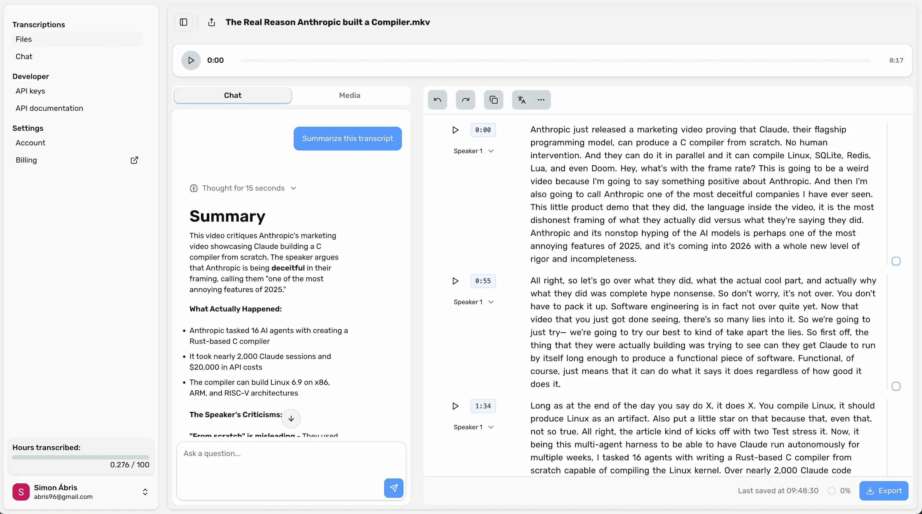 An image of the app's dashboard showing the in-browser transcript editor